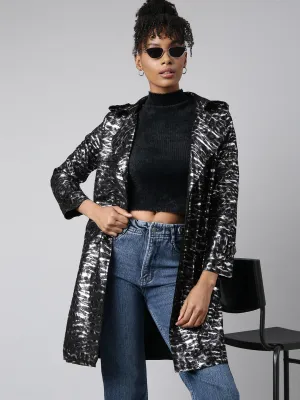 Women Black Abstract Printed Longline Trench Coat