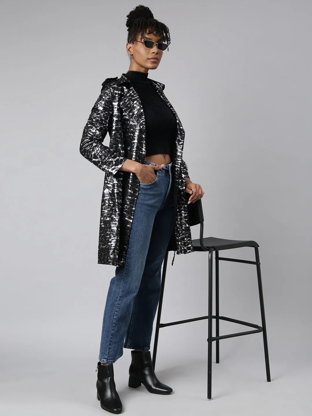Women Black Abstract Printed Longline Trench Coat