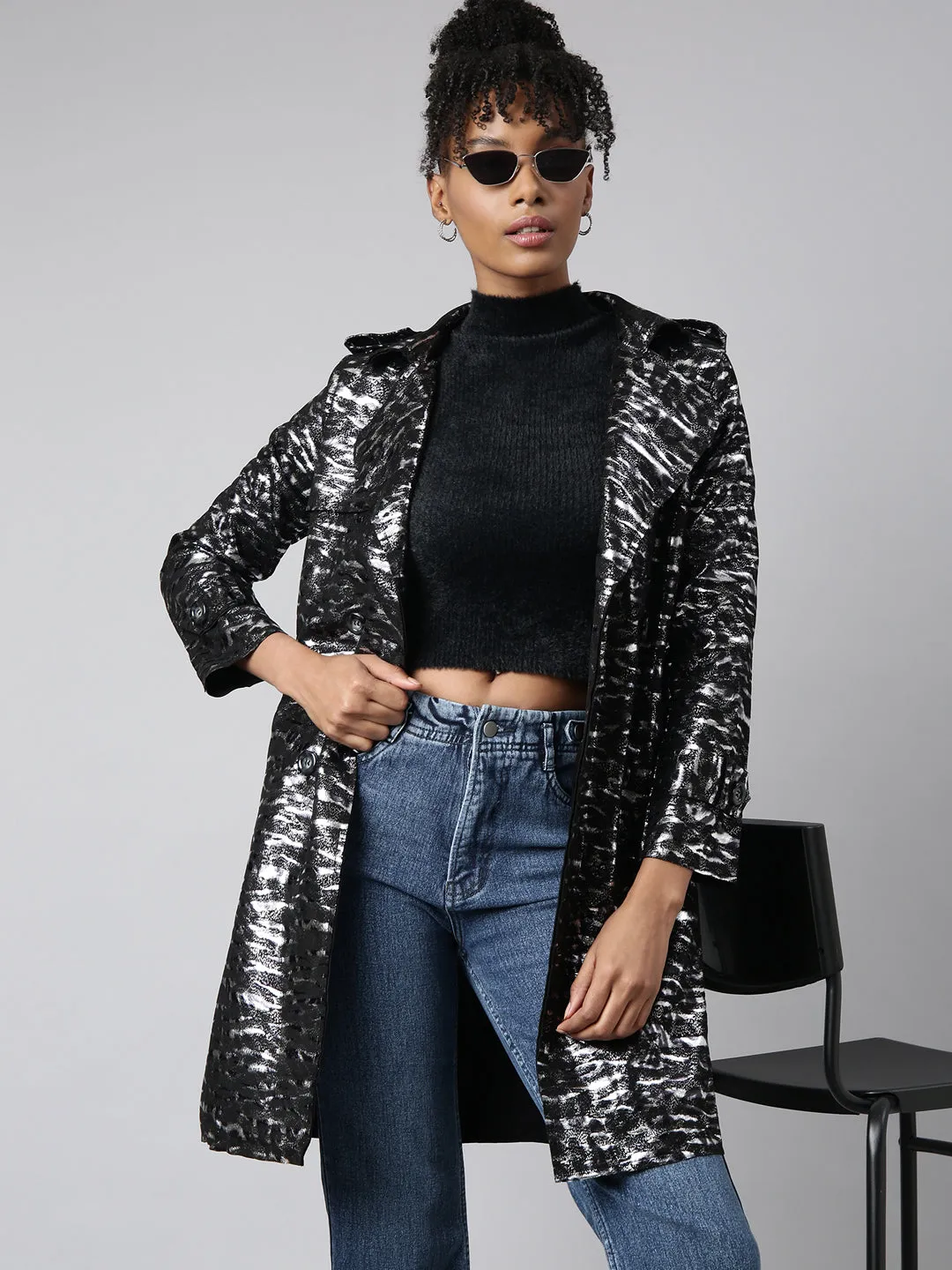 Women Black Abstract Printed Longline Trench Coat