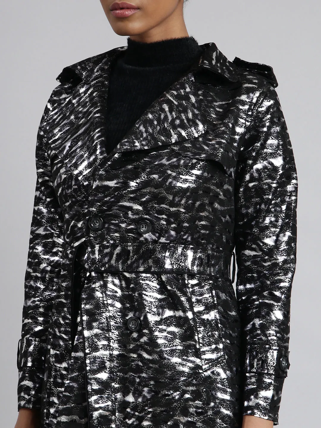 Women Black Abstract Printed Longline Trench Coat