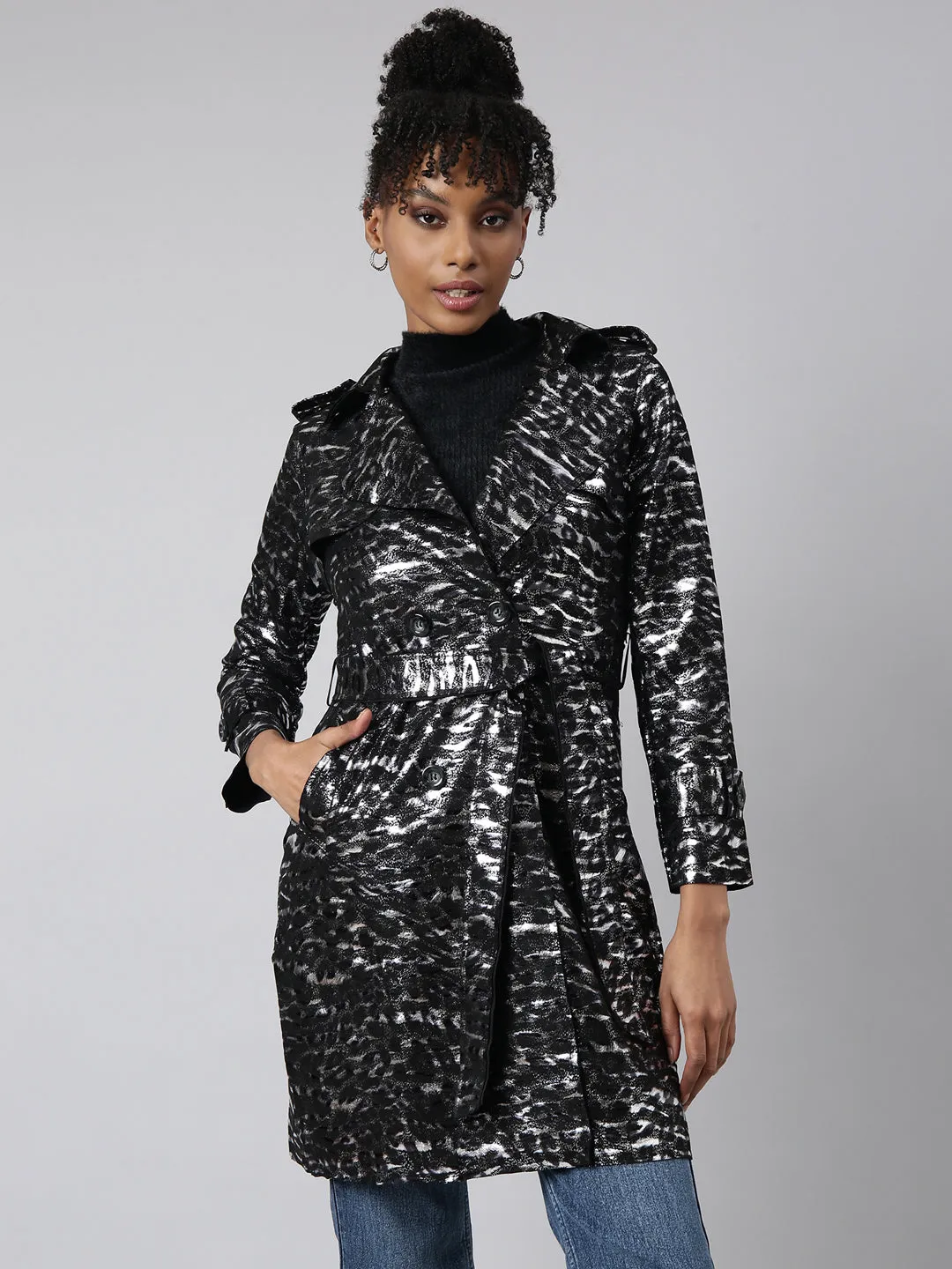 Women Black Abstract Printed Longline Trench Coat