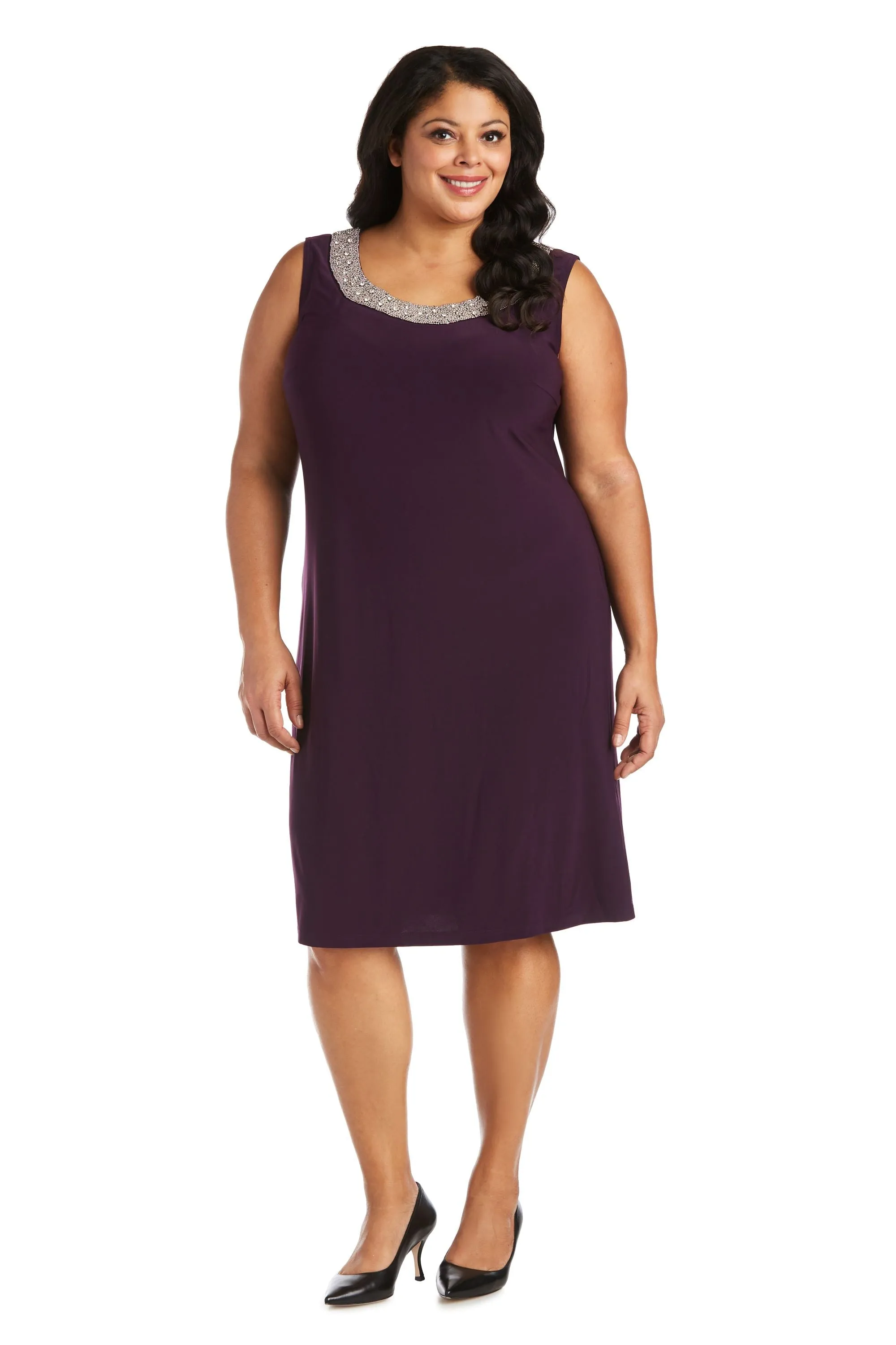 Women Plus Size Two-Piece Beaded Neckline Jacket Dress with Sheer Sleeves