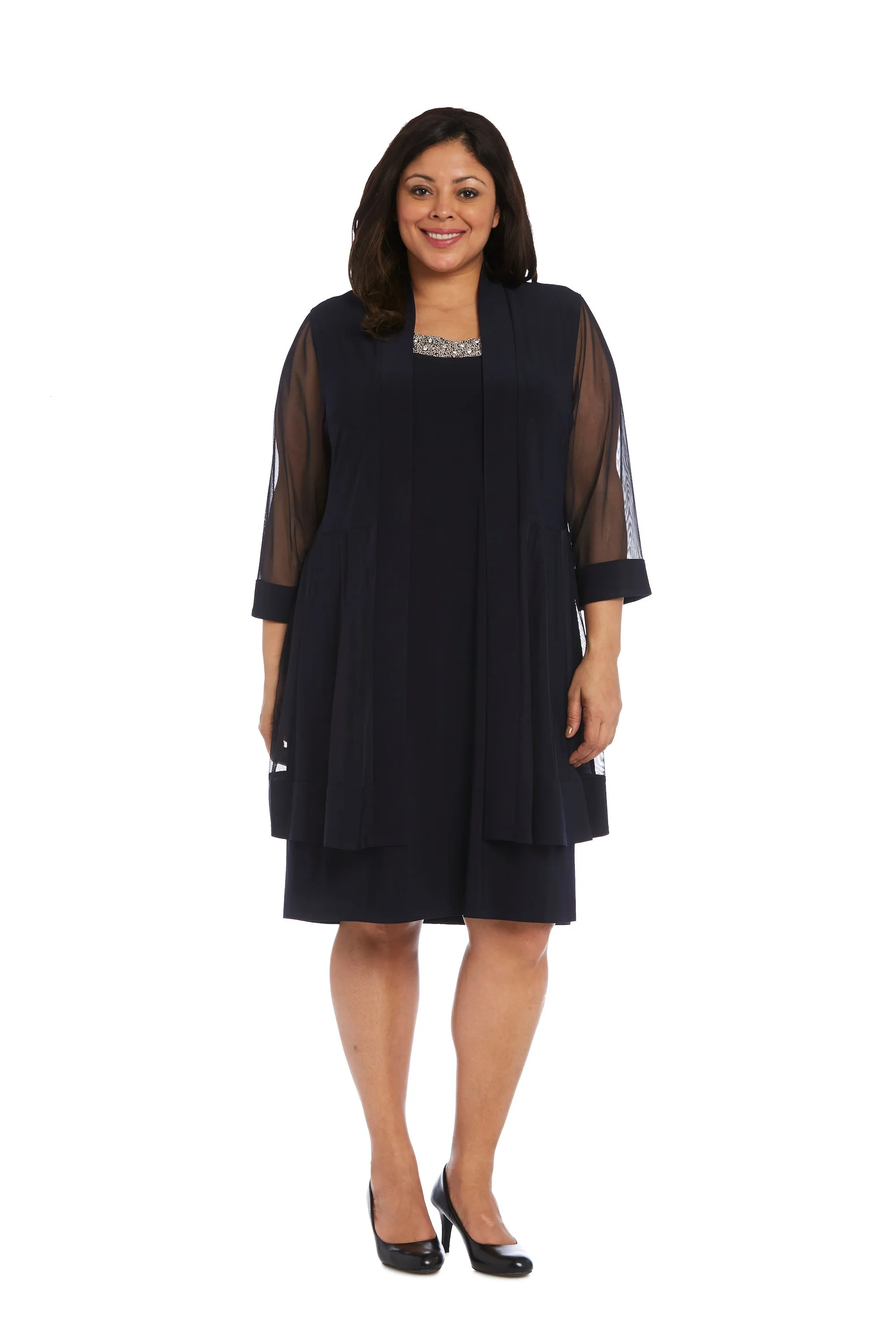 Women Plus Size Two-Piece Beaded Neckline Jacket Dress with Sheer Sleeves