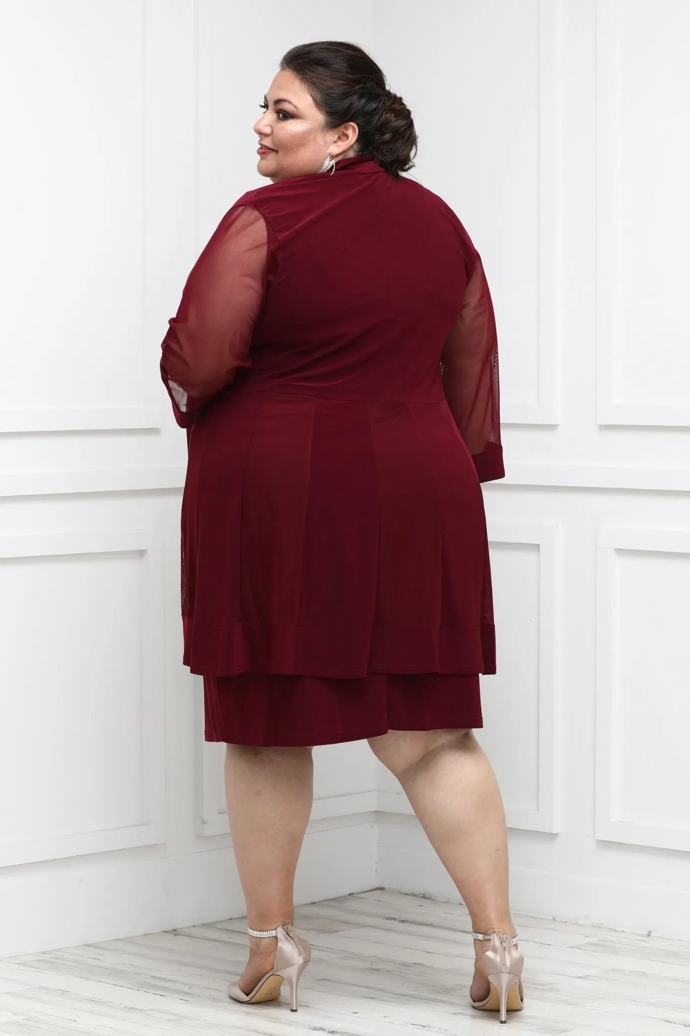 Women Plus Size Two-Piece Beaded Neckline Jacket Dress with Sheer Sleeves