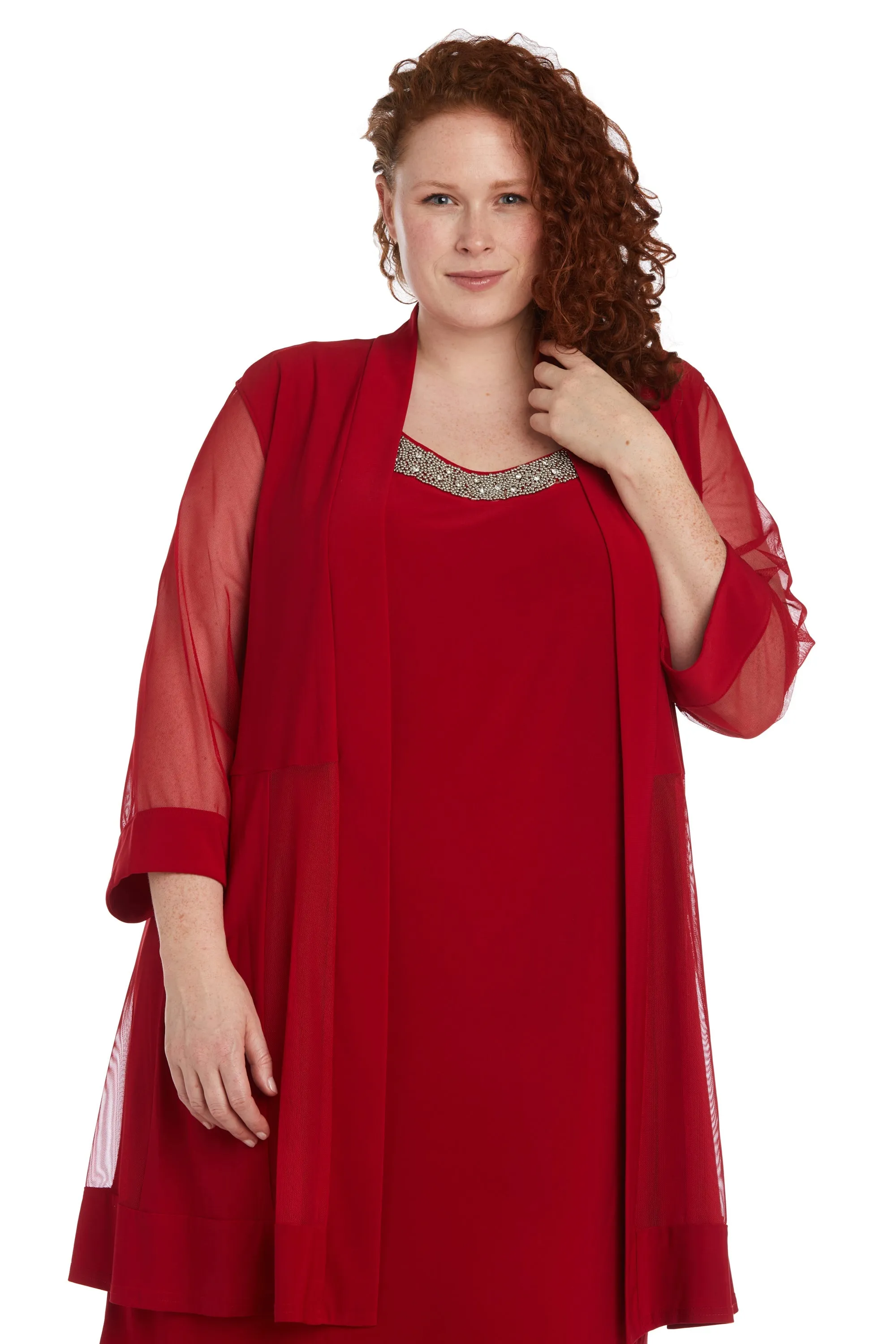 Women Plus Size Two-Piece Beaded Neckline Jacket Dress with Sheer Sleeves