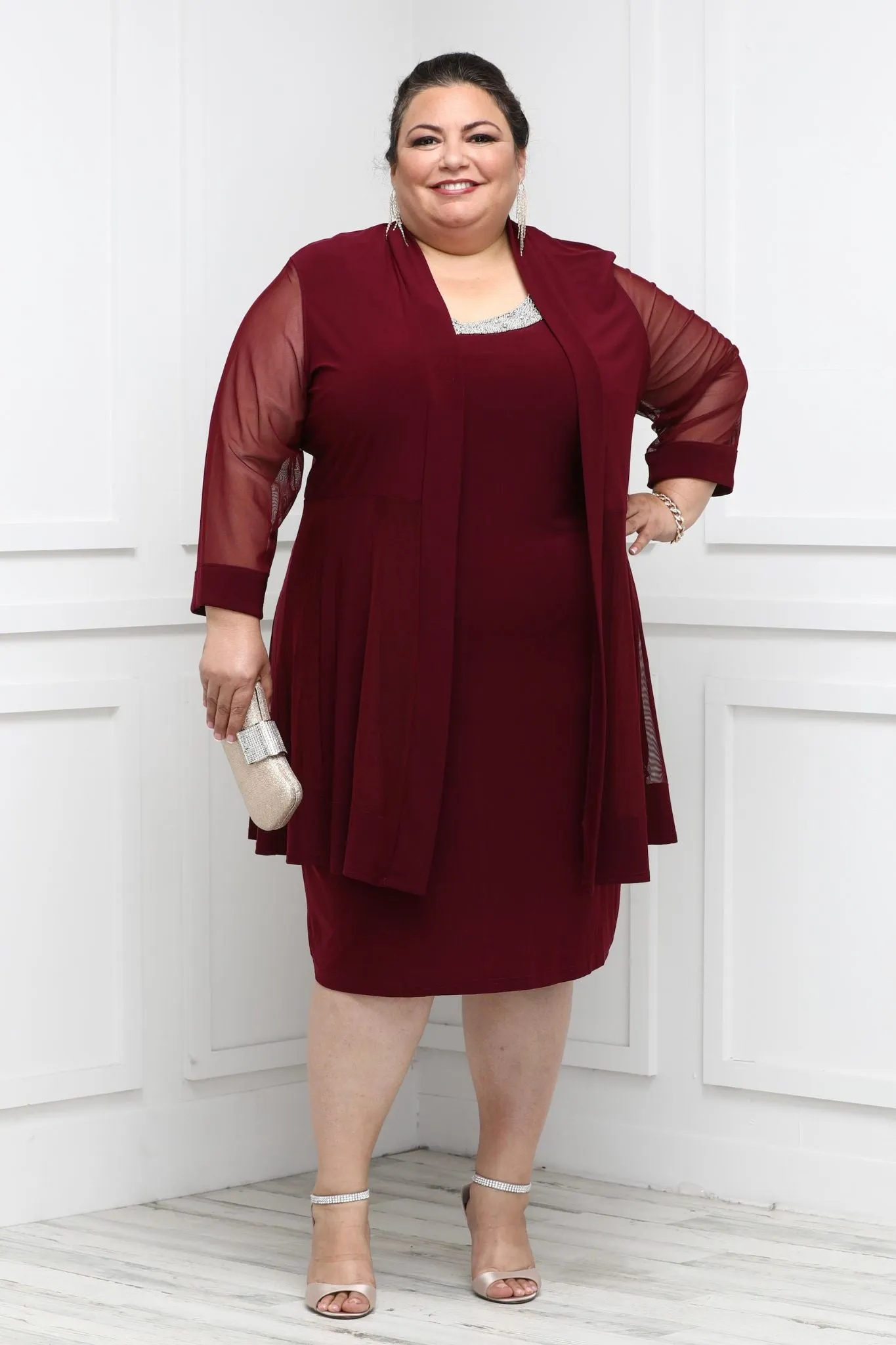 Women Plus Size Two-Piece Beaded Neckline Jacket Dress with Sheer Sleeves