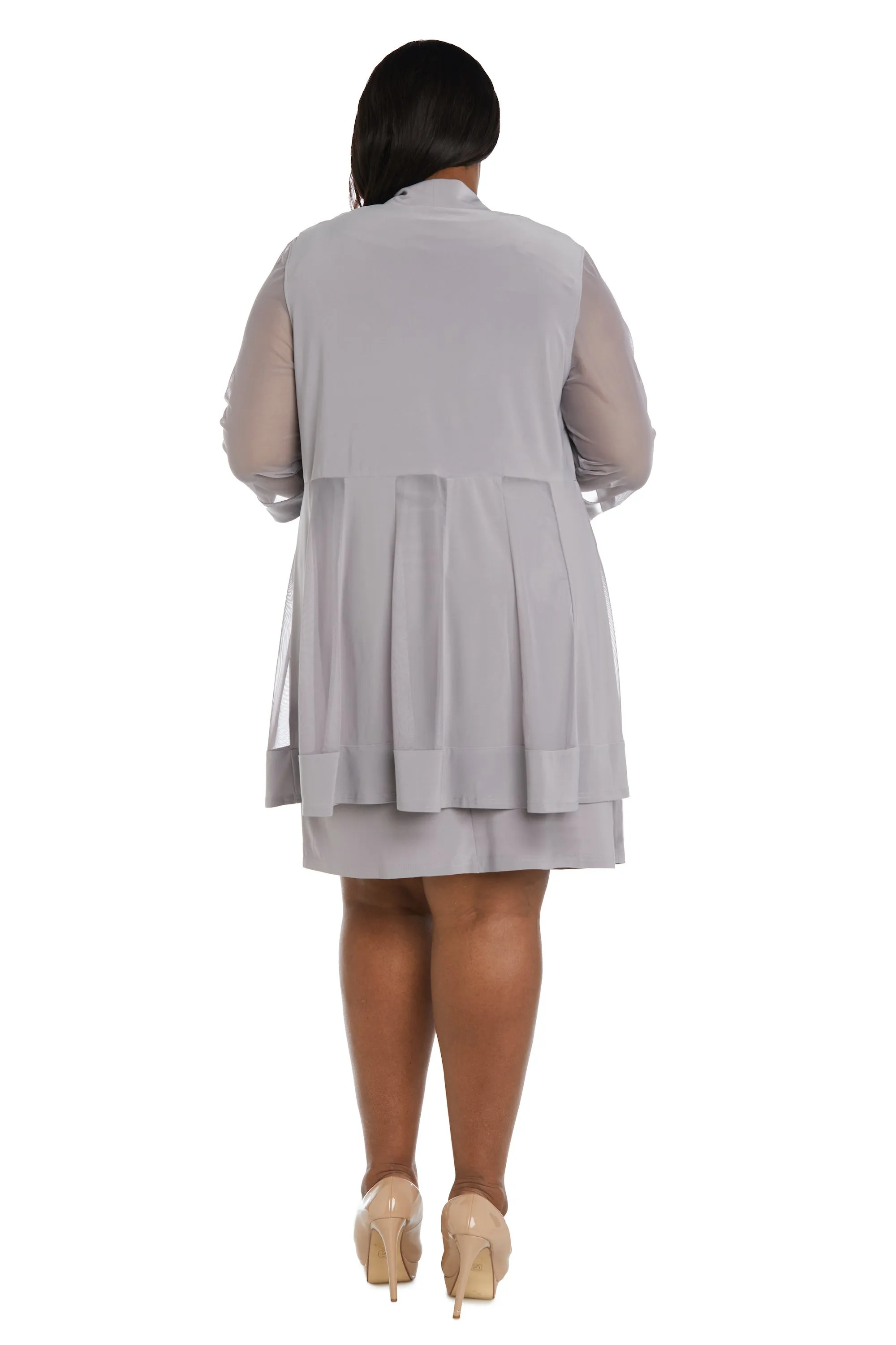 Women Plus Size Two-Piece Beaded Neckline Jacket Dress with Sheer Sleeves
