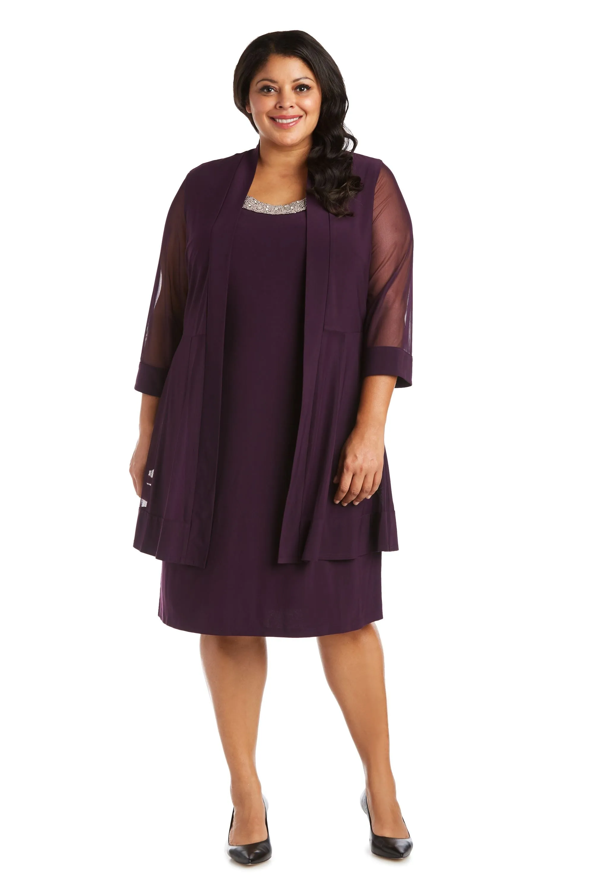 Women Plus Size Two-Piece Beaded Neckline Jacket Dress with Sheer Sleeves