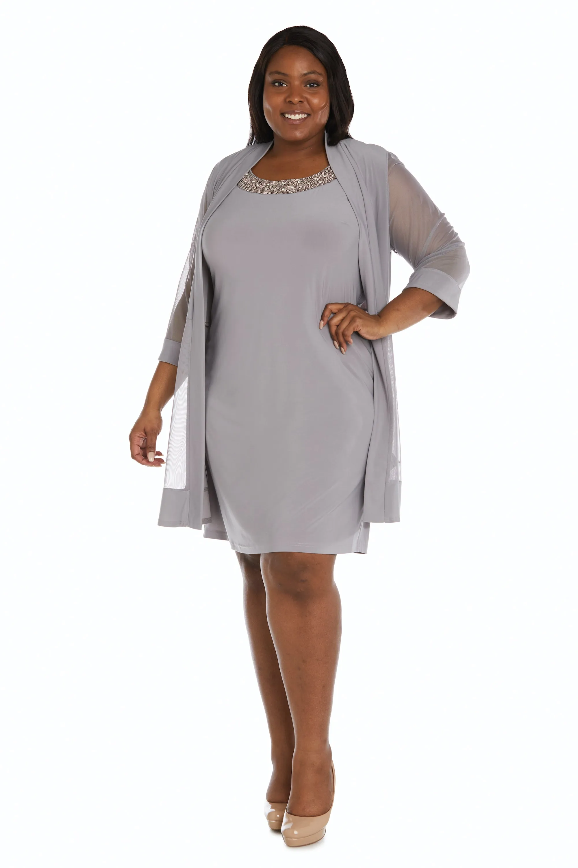 Women Plus Size Two-Piece Beaded Neckline Jacket Dress with Sheer Sleeves