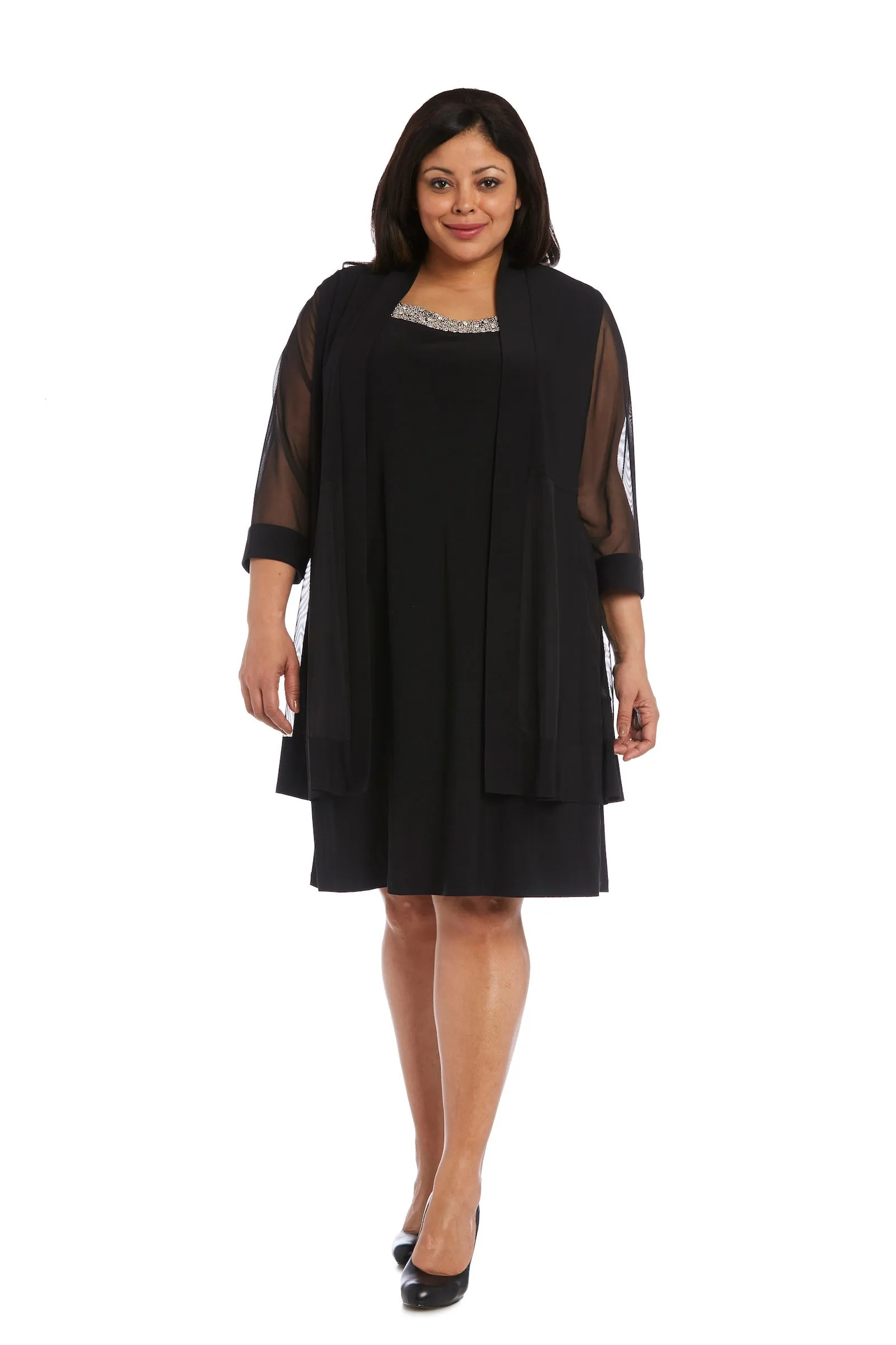 Women Plus Size Two-Piece Beaded Neckline Jacket Dress with Sheer Sleeves