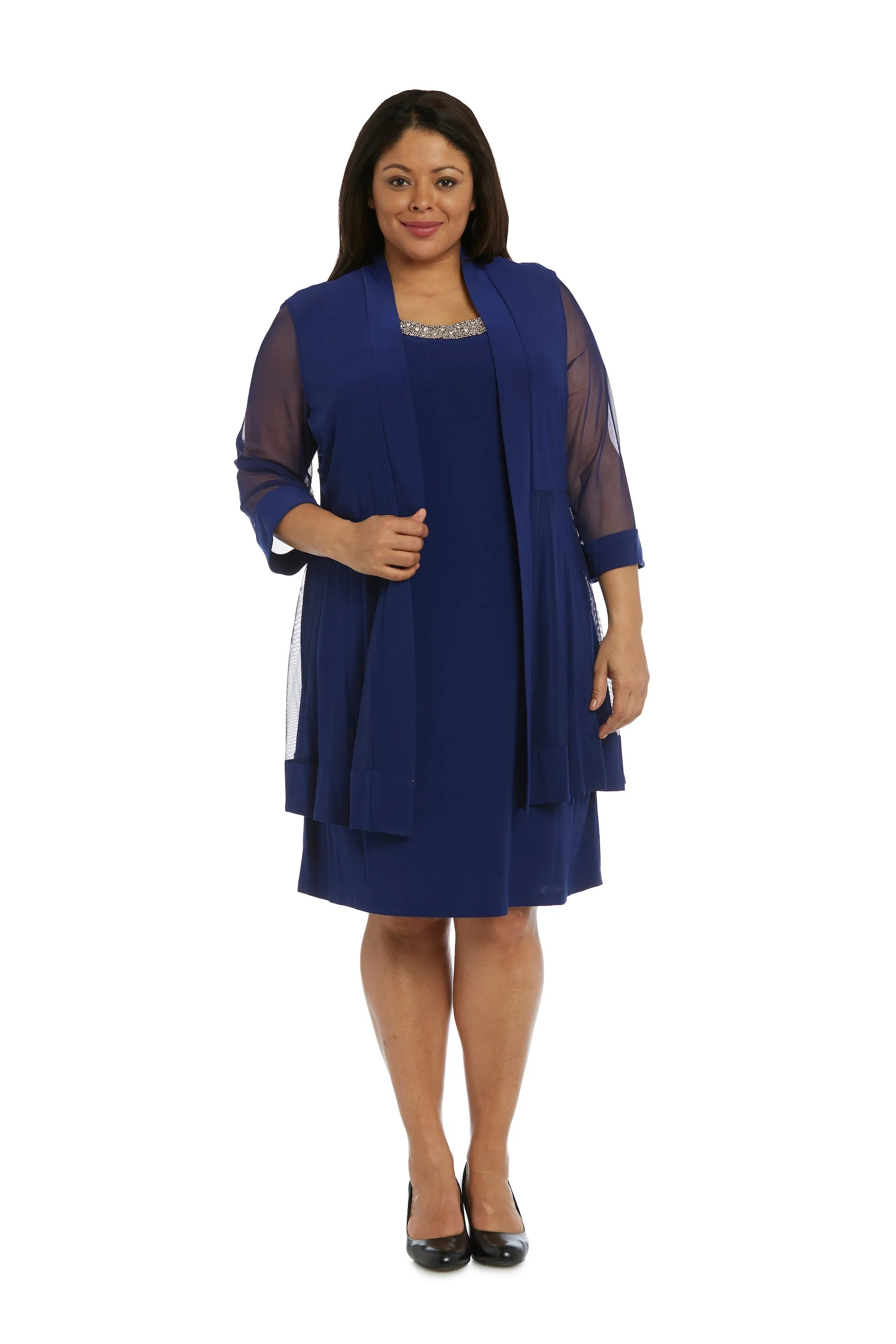 Women Plus Size Two-Piece Beaded Neckline Jacket Dress with Sheer Sleeves