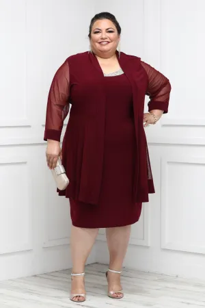 Women Plus Size Two-Piece Beaded Neckline Jacket Dress with Sheer Sleeves