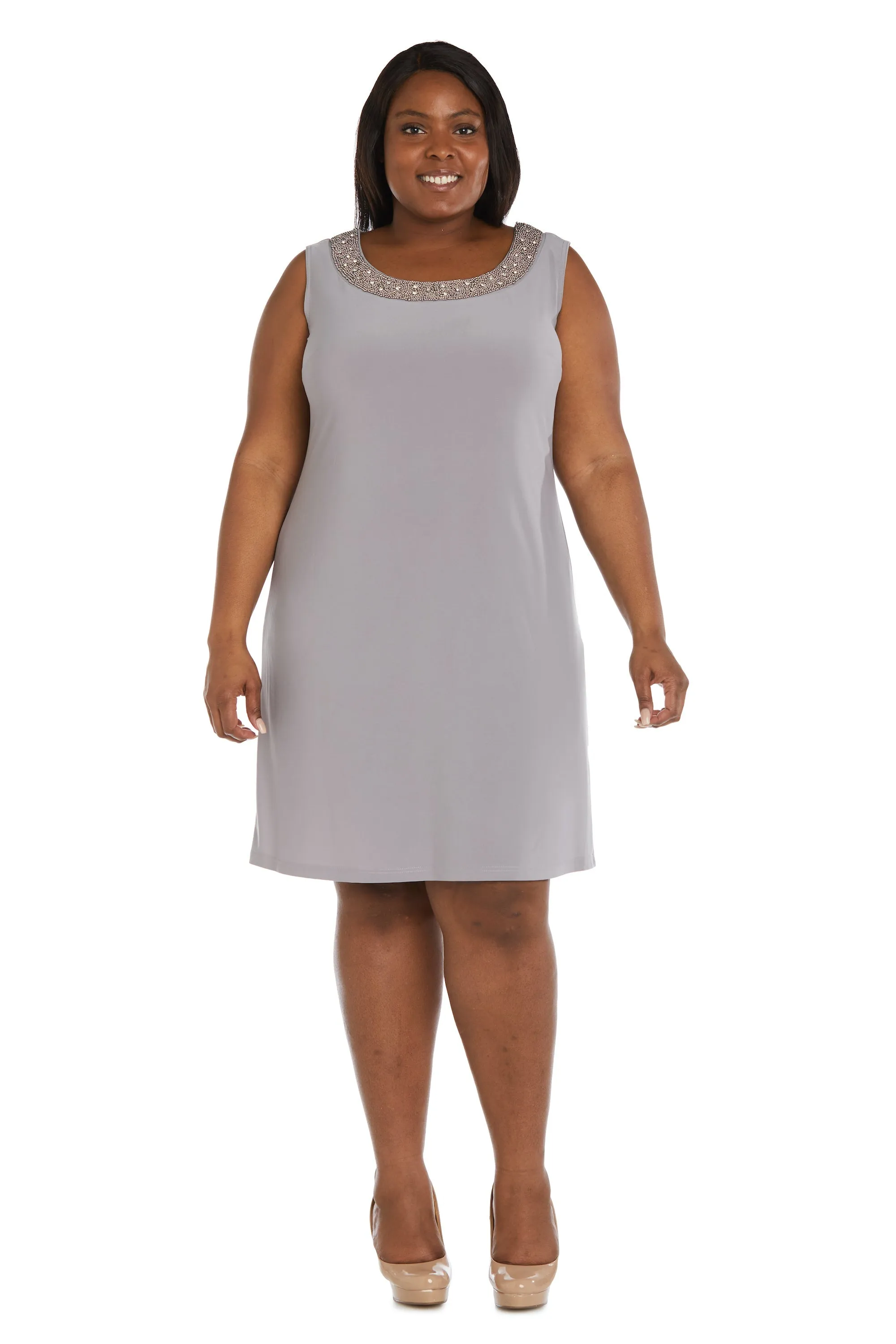 Women Plus Size Two-Piece Beaded Neckline Jacket Dress with Sheer Sleeves
