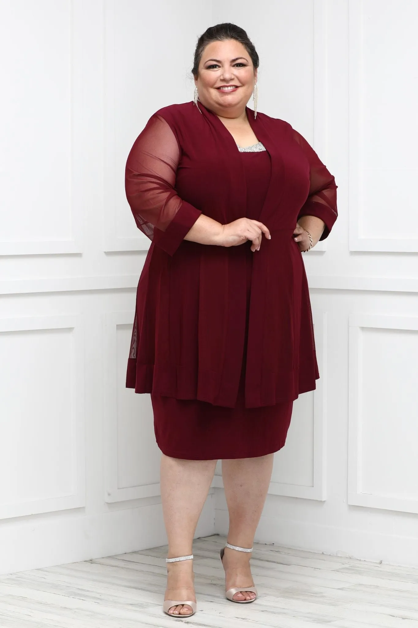 Women Plus Size Two-Piece Beaded Neckline Jacket Dress with Sheer Sleeves