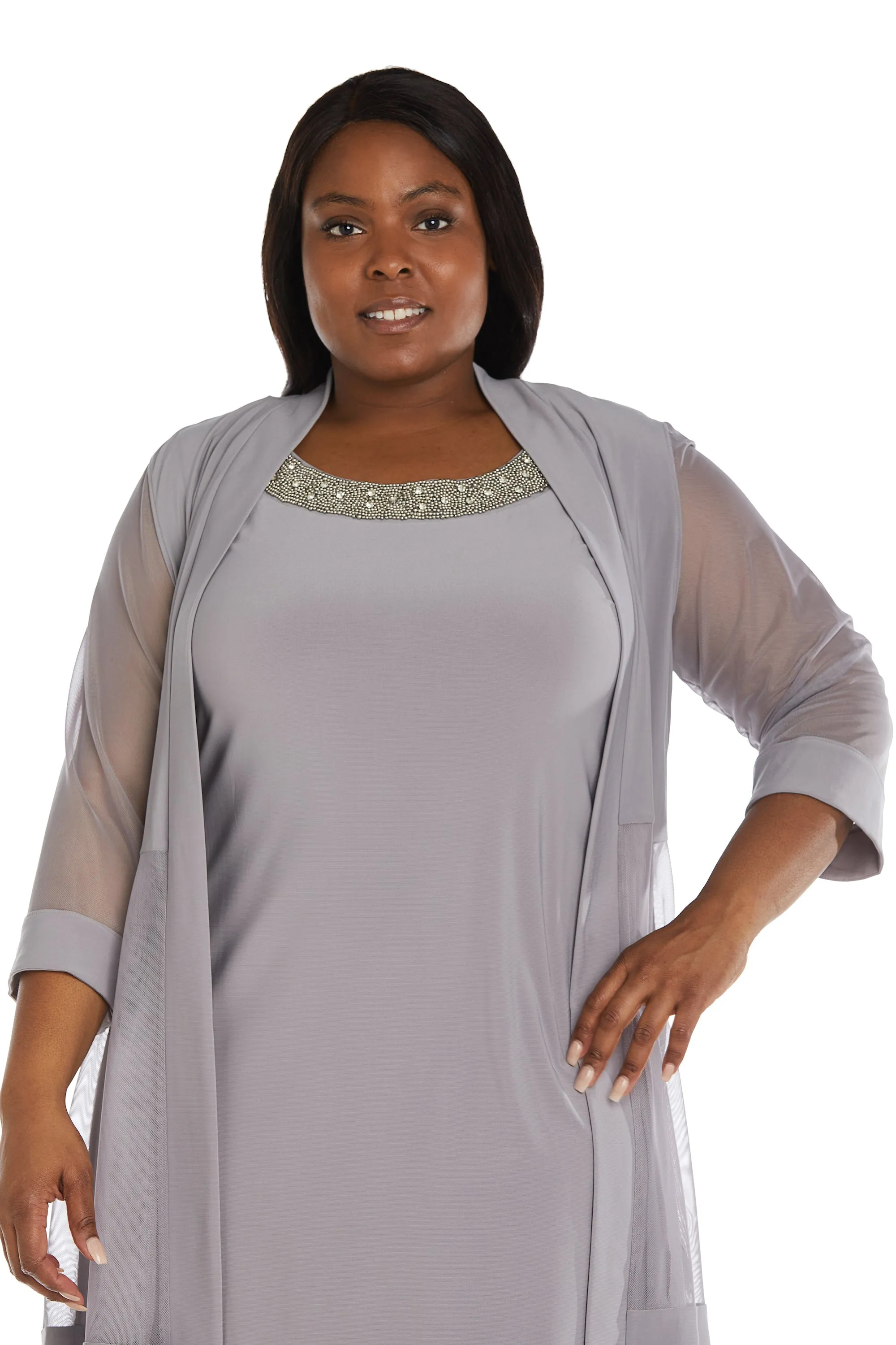 Women Plus Size Two-Piece Beaded Neckline Jacket Dress with Sheer Sleeves