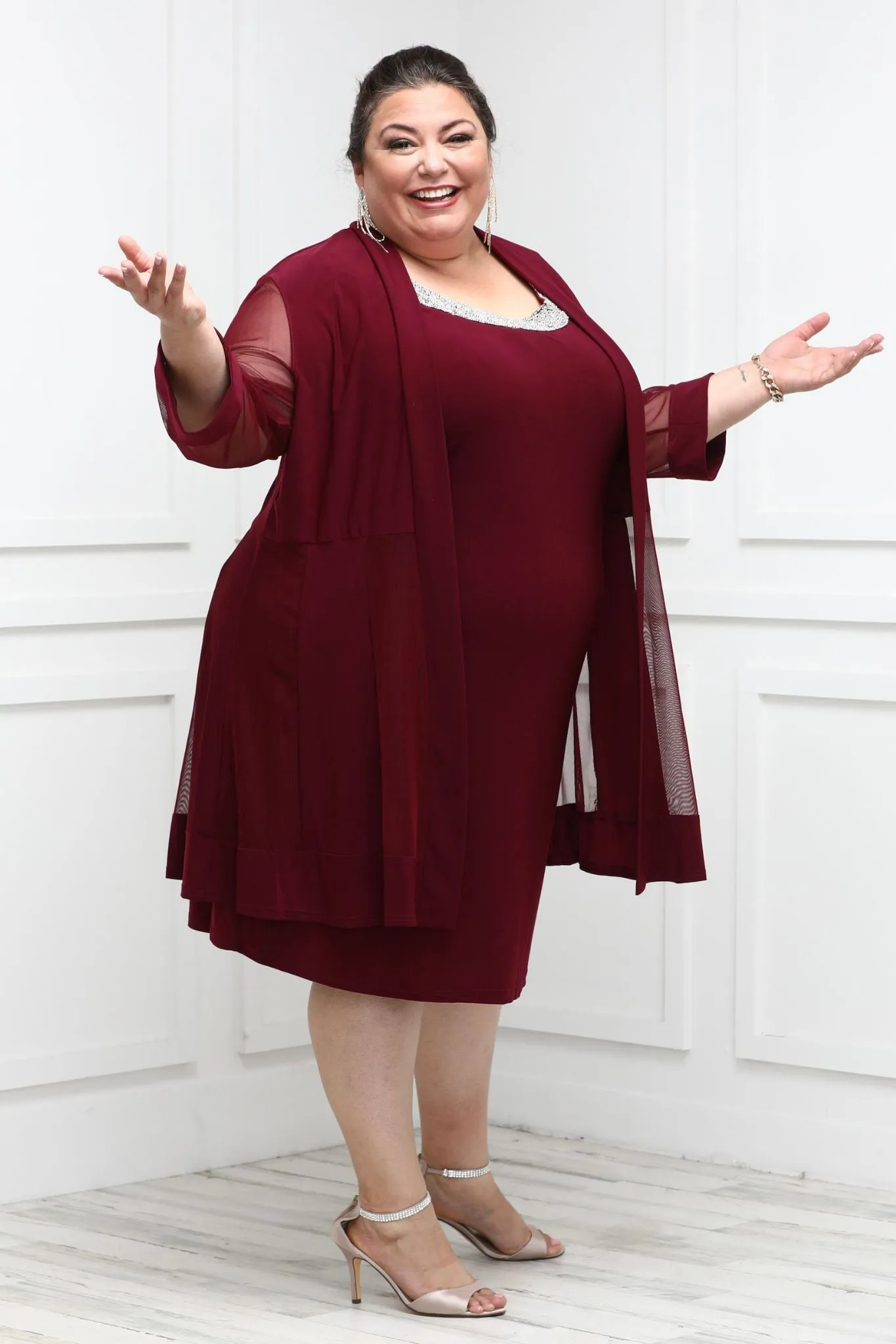 Women Plus Size Two-Piece Beaded Neckline Jacket Dress with Sheer Sleeves