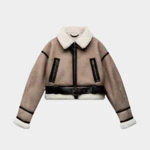 Womens Retro Faux Leather Short Coat  Loose Fit, Soft Fur Lining, Zipper Belt Jacket (Khaki)